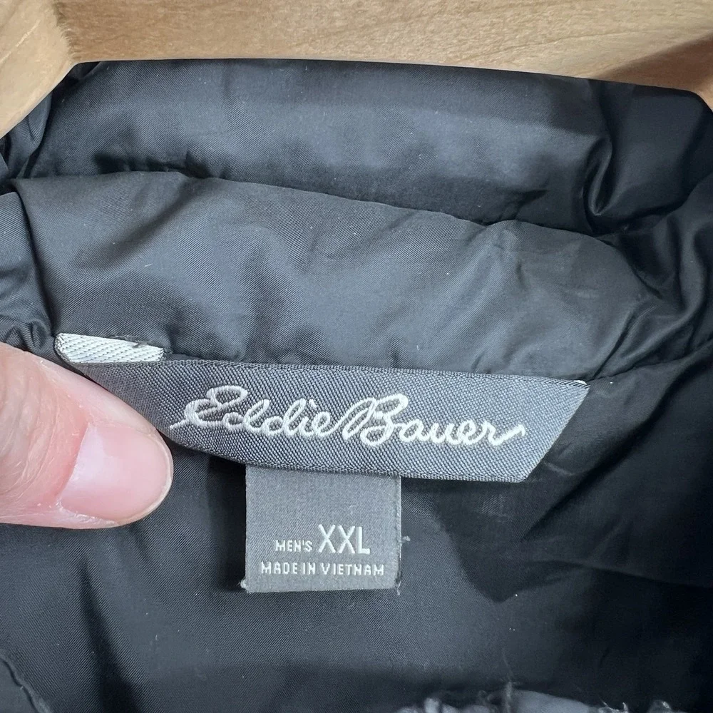 Eddie Bauer Puffer Jacket Mens 2XL Black Solid Full Zip Down Filled Quilted Logo
